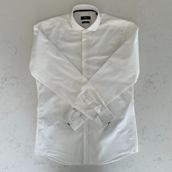 Boss Hugo Boss Slim Fit Jery LS Button Down Dress Cotton Shirt White Sz 15.5/39 - Picture 1 of 15